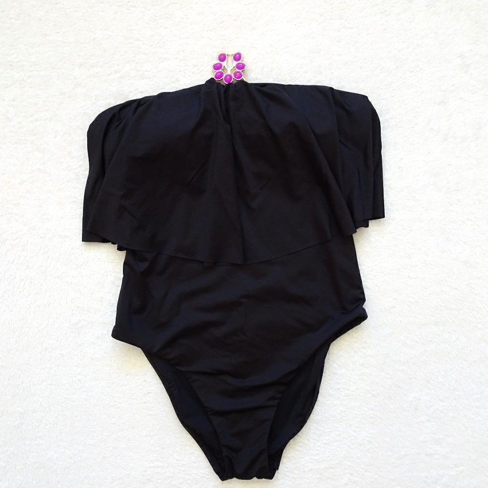 Trina Turk One Piece Swim Suit Size 4 Black Bijou Ruffle Overlay Strapless - Picture 1 of 7